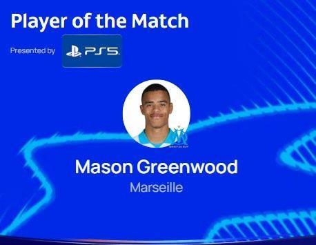 梅开二度，欧冠官方：格林伍德当选马赛3-2圣吉罗斯全场最佳