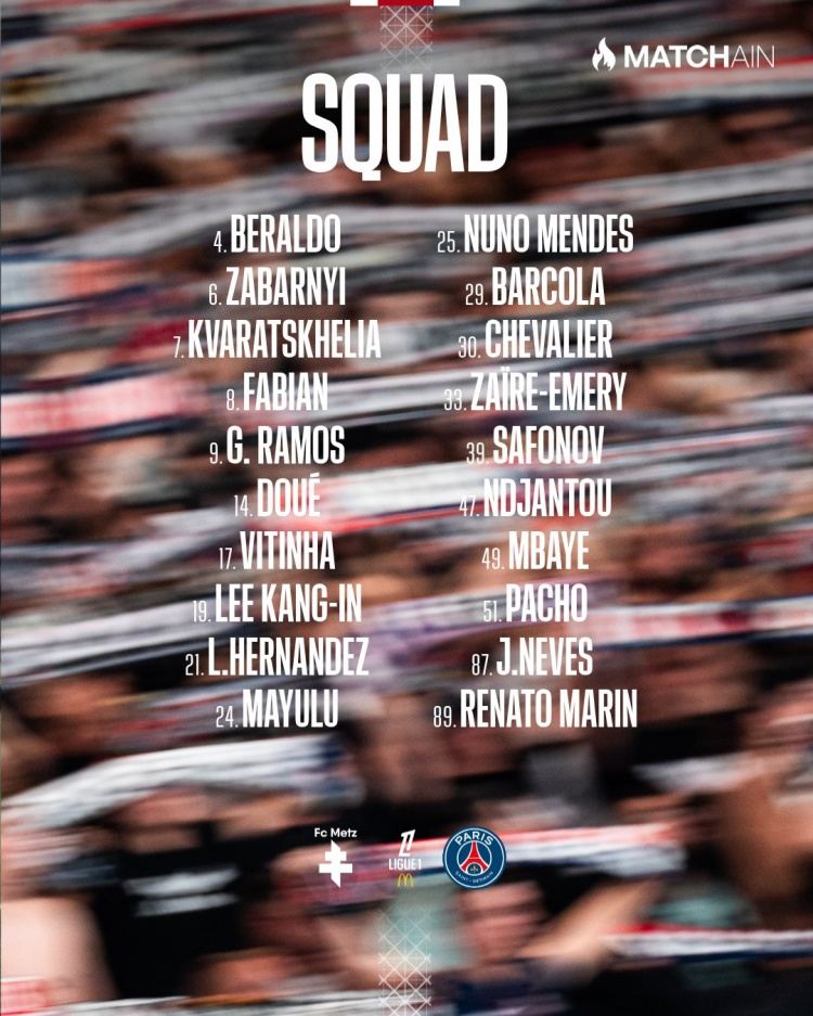 巴黎对阵梅斯名单：舍瓦利耶、贝拉尔多、卢卡斯回归，登贝莱缺席