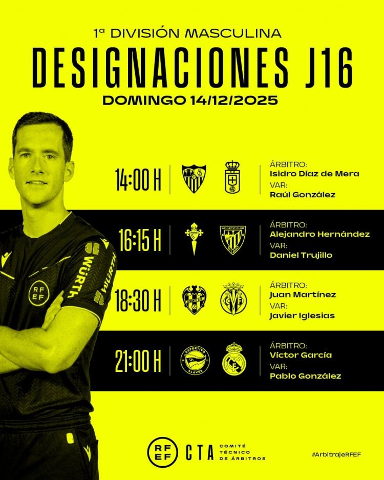 西甲12月14日裁判安排：维克托·加西亚执法阿拉维斯vs皇马