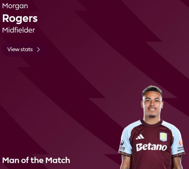 梅开二度助维拉逆转，官方：罗杰斯当选维拉3-2西汉姆全场最佳