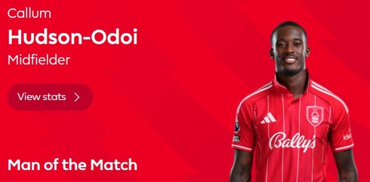 2球1助攻，官方：蓝军旧将奥多伊当选诺丁汉森林3-0热刺全场最佳