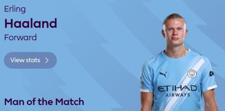 梅开二度！英超官方：哈兰德当选曼城3-0水晶宫全场最佳球员