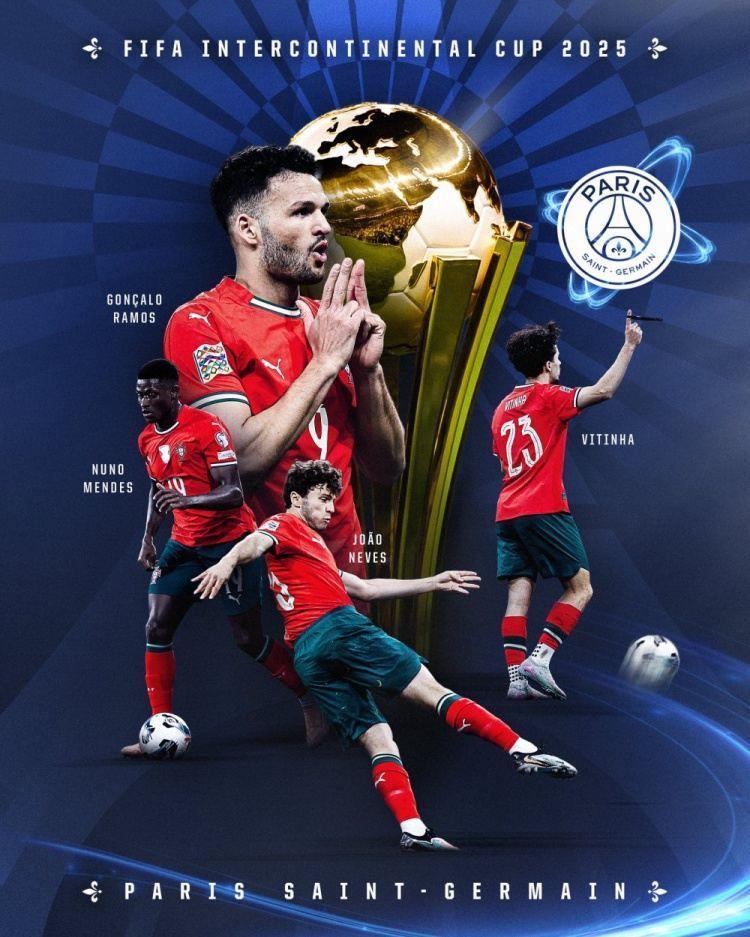 效力巴黎的内维斯等葡萄牙籍球员今年夺7冠，葡萄牙队发海报祝贺