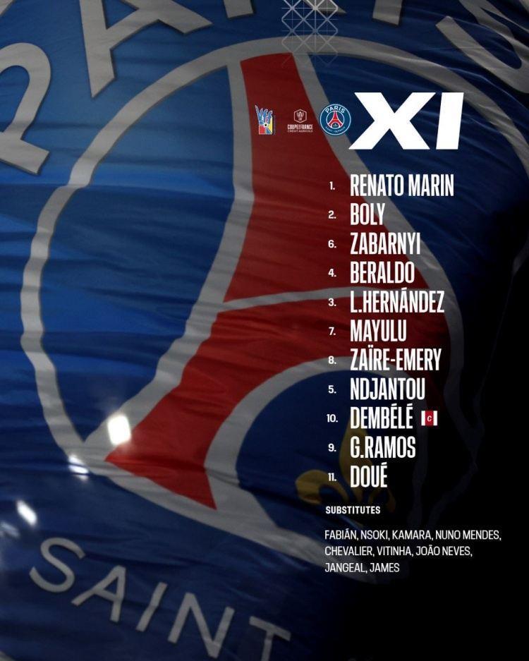 巴黎法国杯首发：登贝莱、杜埃、贡萨洛·拉莫斯出战