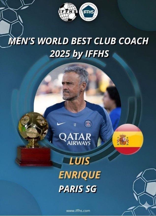恩里克当选IFFHS年度最佳男足俱乐部教练，马雷斯卡第2弗里克第3