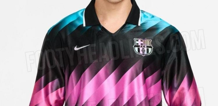 巴萨2026-27赛季复古球衣曝光：黑色主色调，青绿色粉色渐变条纹