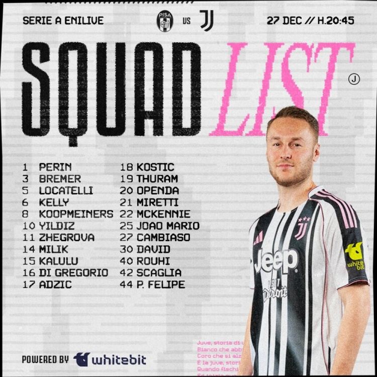 尤文客战比萨大名单：伊尔迪兹、戴维、米利克在列，孔塞桑缺席