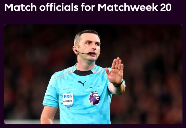 英超第20轮裁判：奥利弗执法曼城vs切尔西