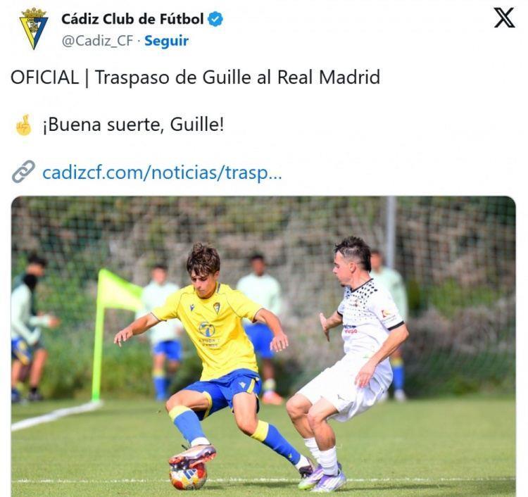 官方：皇马从加的斯签下西班牙U18国脚右后卫吉列·冈萨雷斯