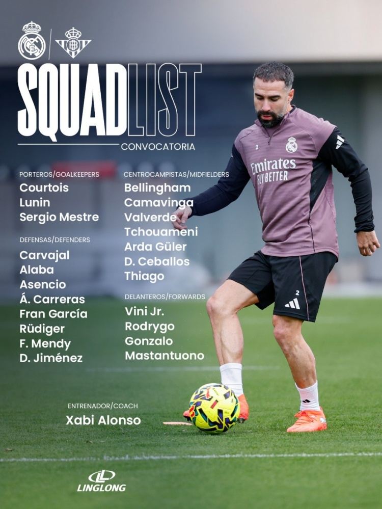 皇马vs贝蒂斯名单：姆巴佩伤缺，卡瓦哈尔回归马斯坦托诺在列