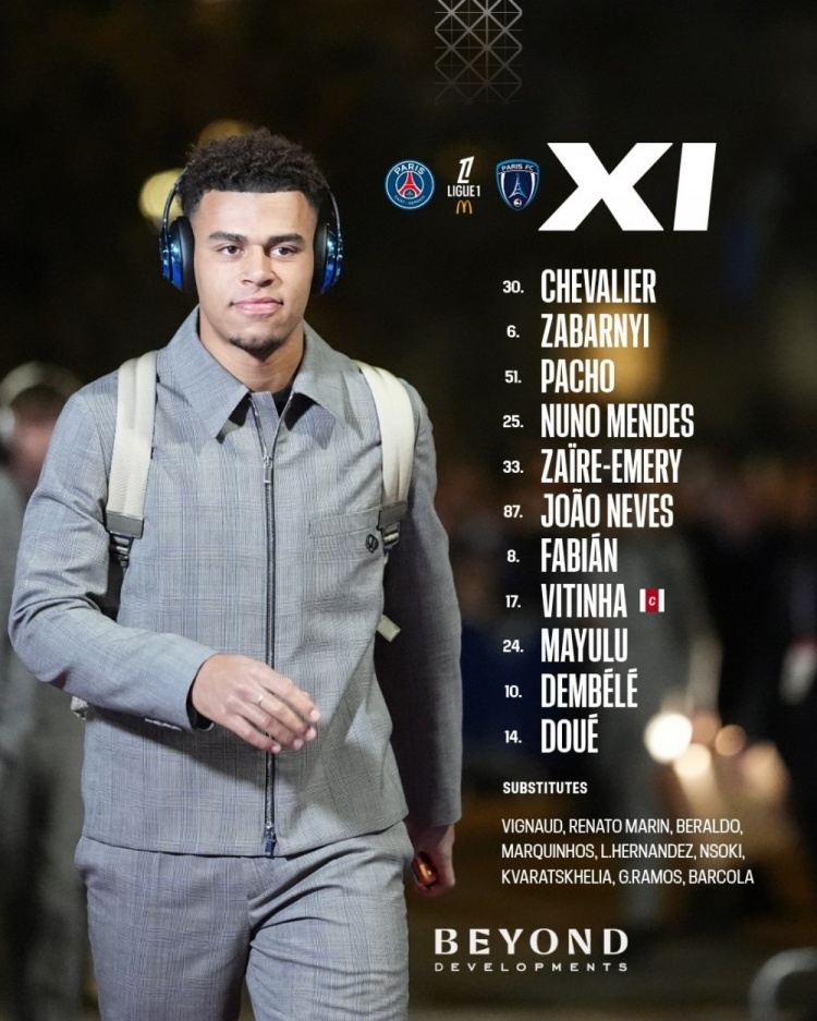 巴黎首发：登贝莱、维蒂尼亚领衔，杜埃、马尤卢出战，K77替补