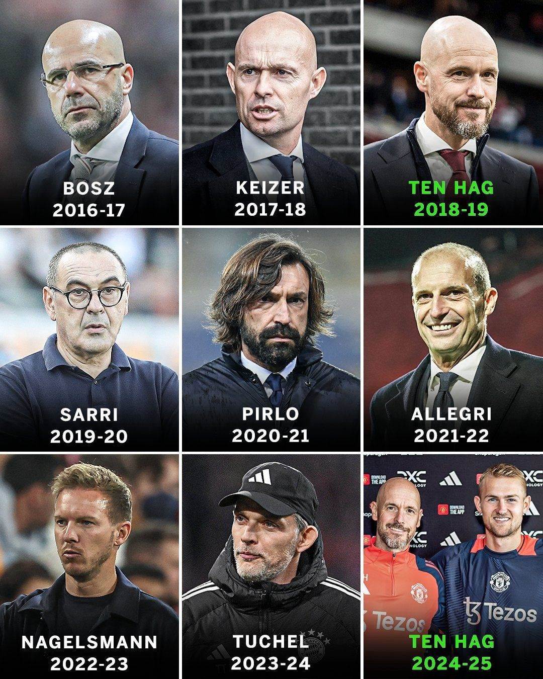 天克主帅德里赫特自进入一线队以来，每个赛季都会换一次教练