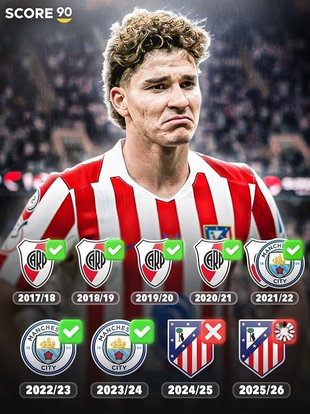 自此绝缘？阿尔瓦雷斯加盟马竞1年半错失5项冠军，此前年年有冠军