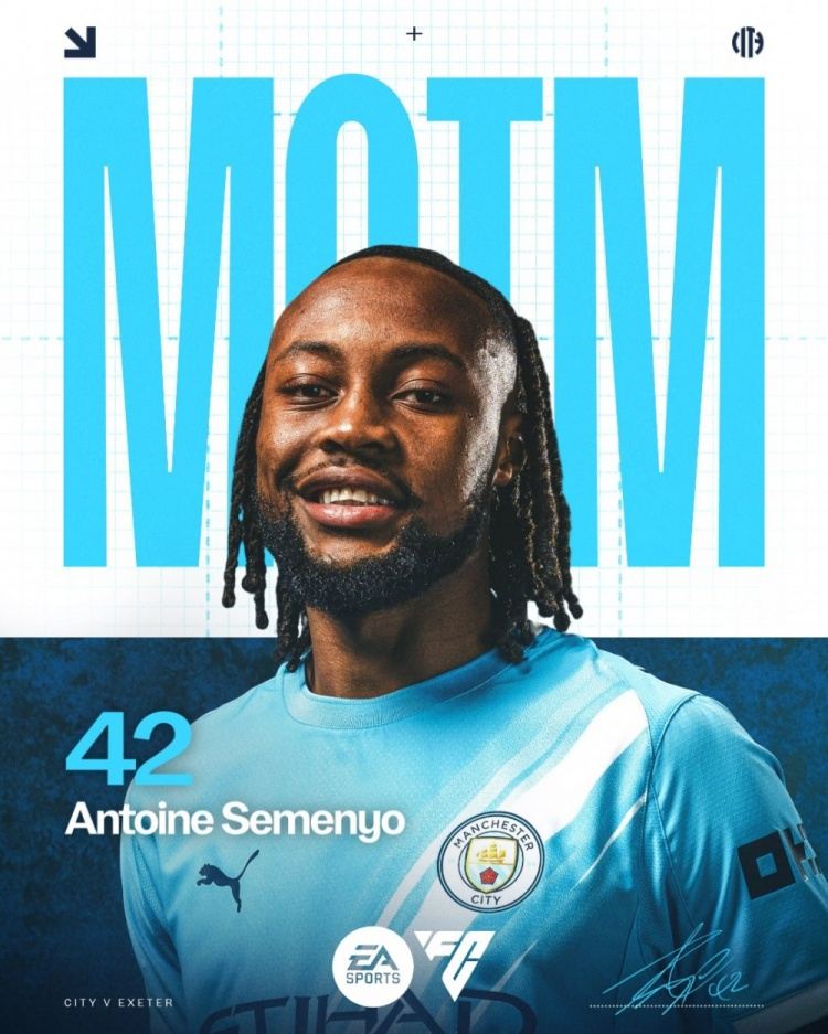 传射建功！塞梅尼奥当选曼城10-1埃克塞特城一役队内最佳