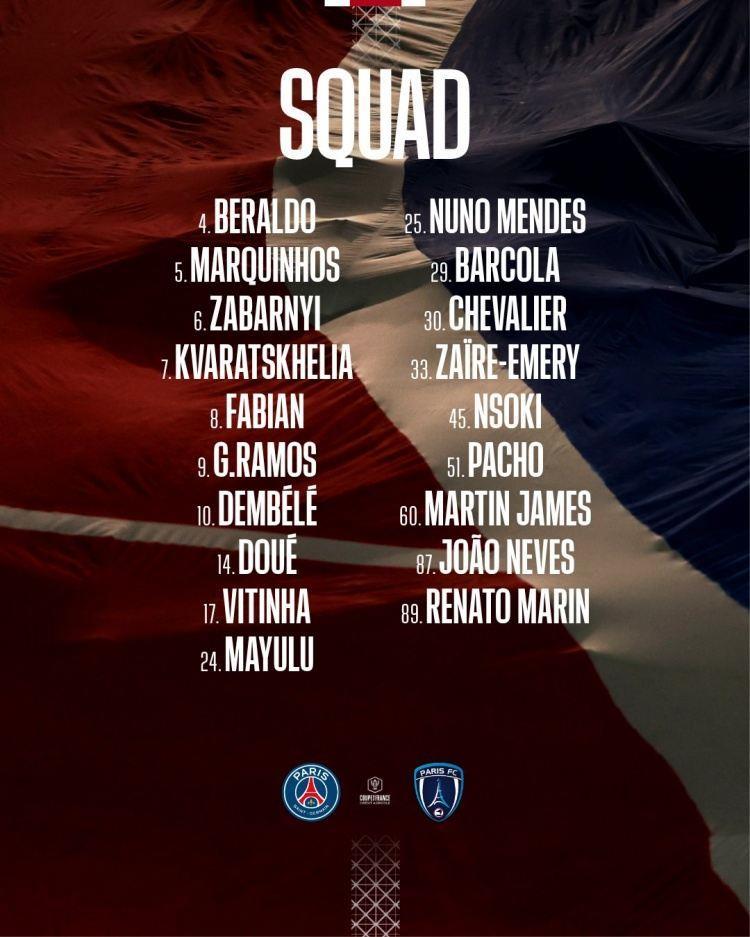 巴黎法国杯大名单：登贝莱领衔，杜埃、维蒂尼亚、K77在列