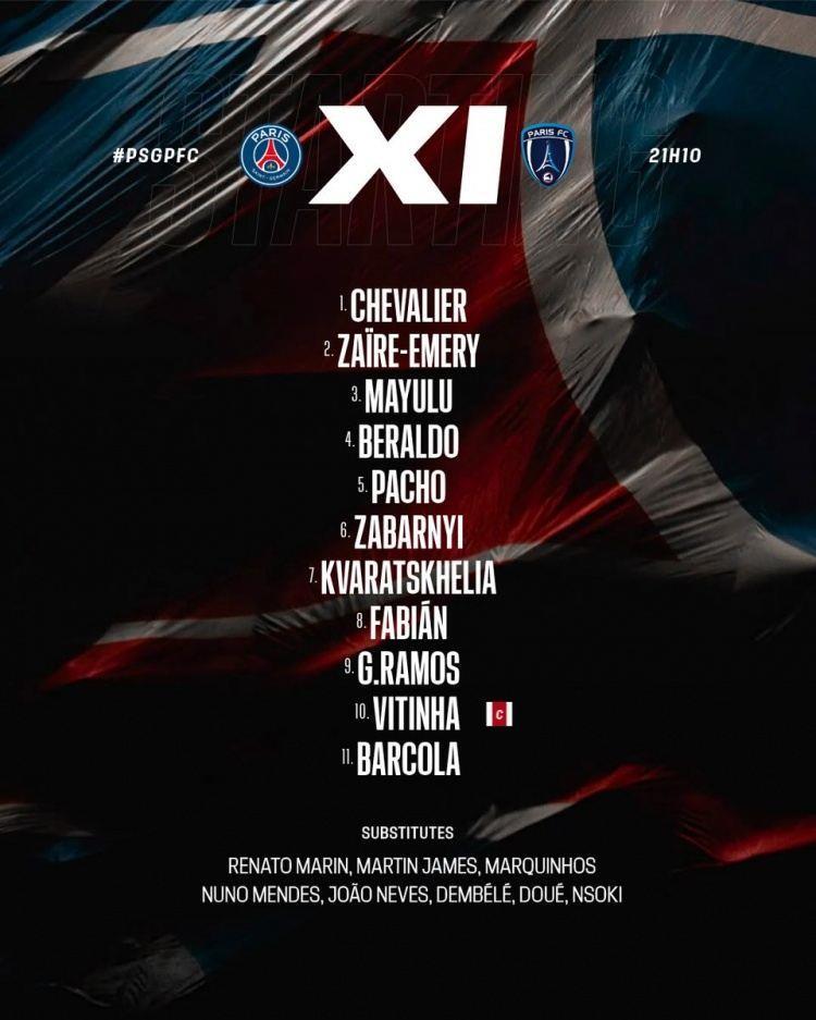巴黎首发：维蒂尼亚领衔，K77、巴尔科拉出战，登贝莱替补