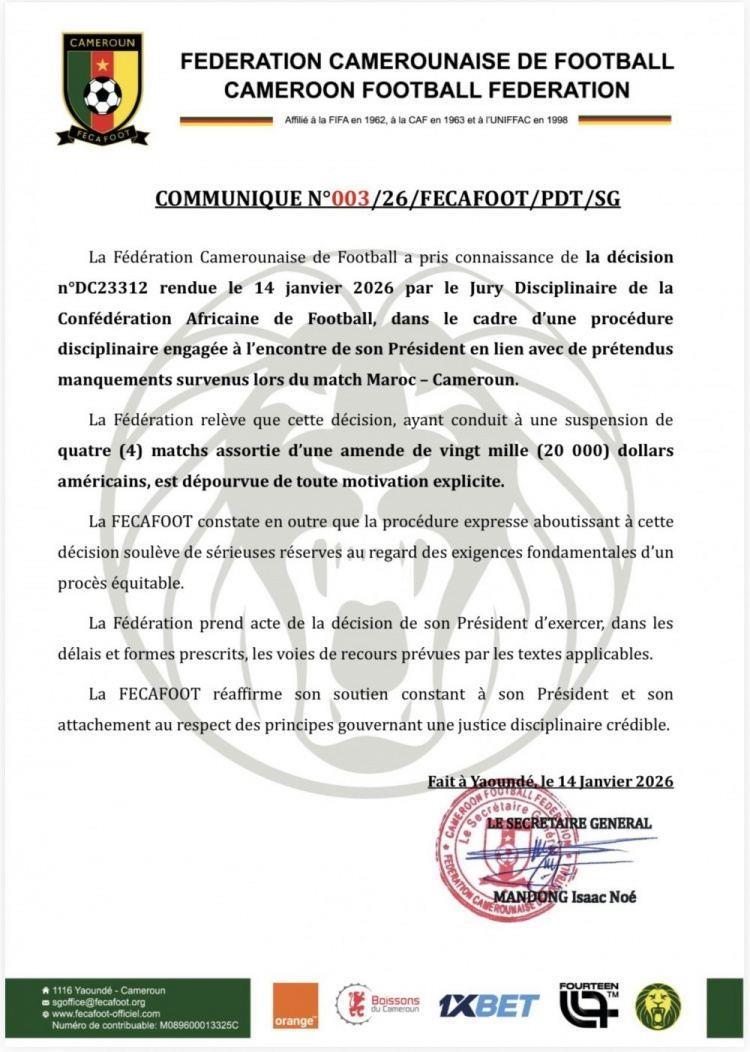 埃托奥因行为不当被禁赛4场 罚款2万美元，喀麦隆足协表示将上诉