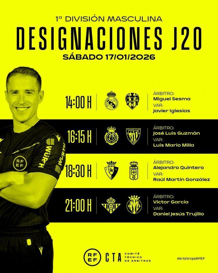 西甲第20轮部分场次裁判安排：米格尔·塞斯马执法皇马战莱万特