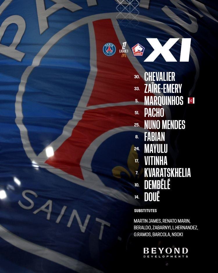 巴黎VS里尔首发：登贝莱、维蒂尼亚领衔，杜埃、K77、门德斯出战