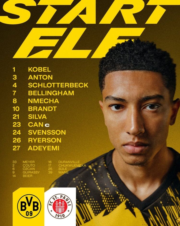 多特首发：法比奥·席尔瓦单前锋，布兰特、小贝林厄姆出战