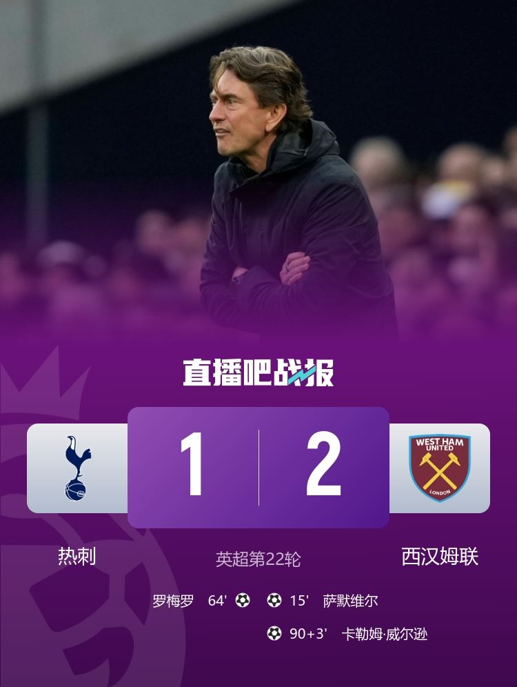 真快下课了！热刺1-2西汉姆7轮仅1胜，垫底狼队此前3-0大胜西汉姆