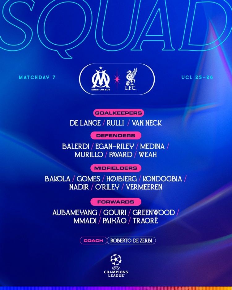 马赛对阵利物浦大名单：奥巴梅扬、格林伍德、霍伊别尔在列