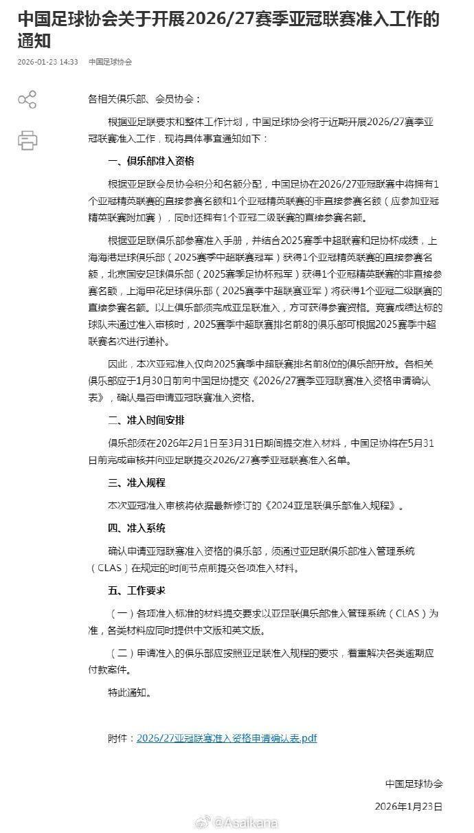 中国足协开展2026-2027赛季亚冠联赛准入工作