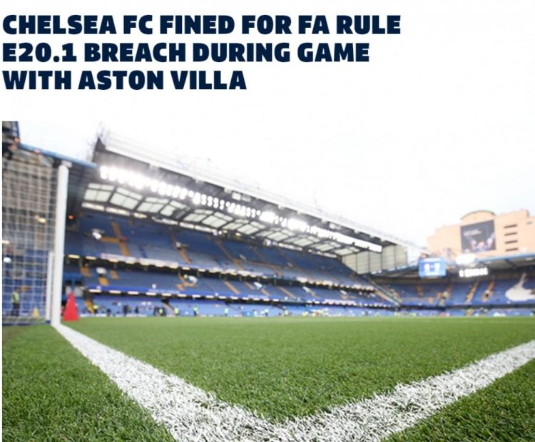 维拉替补席遭水瓶投掷！英足总官方：切尔西因不当行为被罚15万镑