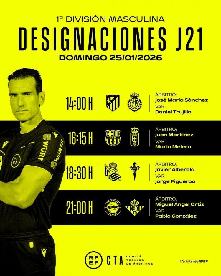 西甲第21轮部分场次裁判安排：胡安·马丁内斯执法巴萨vs奥维耶多