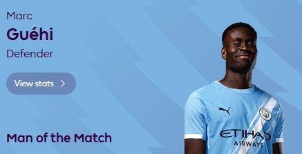 1关键传球 传球成功率93.1%，格伊当选曼城2-0狼队一役全场最佳