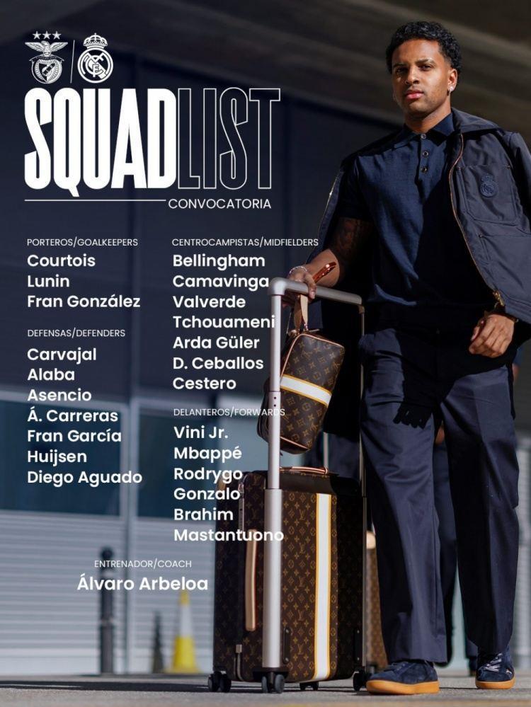 皇马客战本菲卡大名单：维尼修斯和姆巴佩领衔锋线，贝林坐镇中场