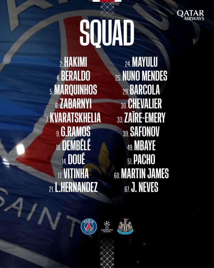 巴黎欧冠vs纽卡名单：登贝莱、阿什拉夫、若昂·内维斯在列