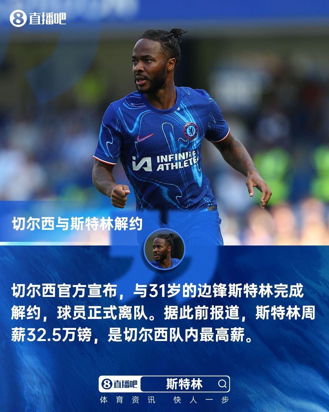 周薪32.5万镑！官方：31岁斯特林与切尔西解约，球员正式离队