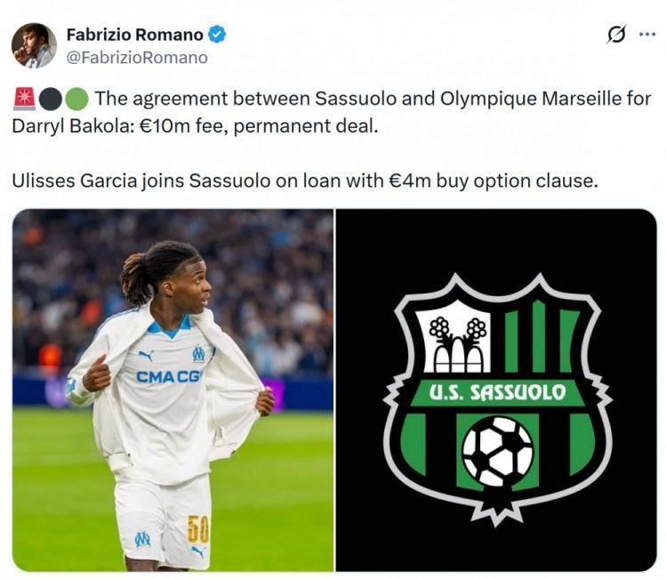 罗马诺：萨索洛1000万欧敲定马赛中场巴科拉，并租借边卫加西亚