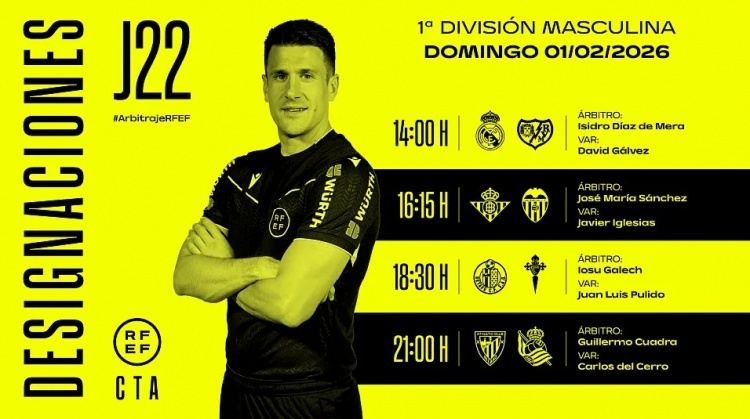 西甲第22轮部分场次裁判：德-梅拉执法皇马主场迎战巴列卡诺