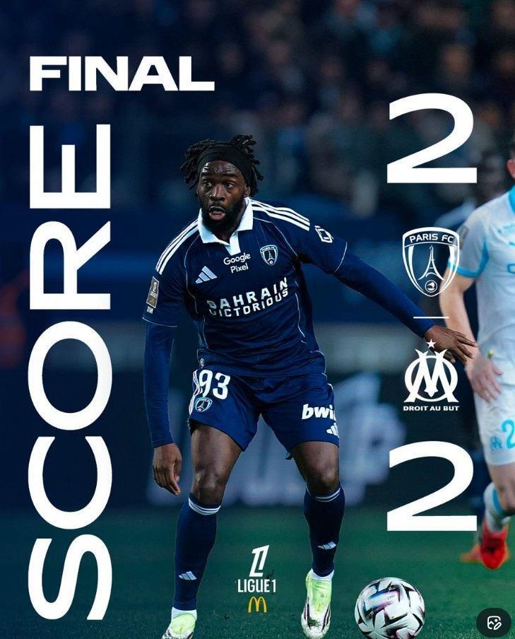 补时第四分钟遭点球绝平，马赛先进两球最终2-2战平巴黎FC