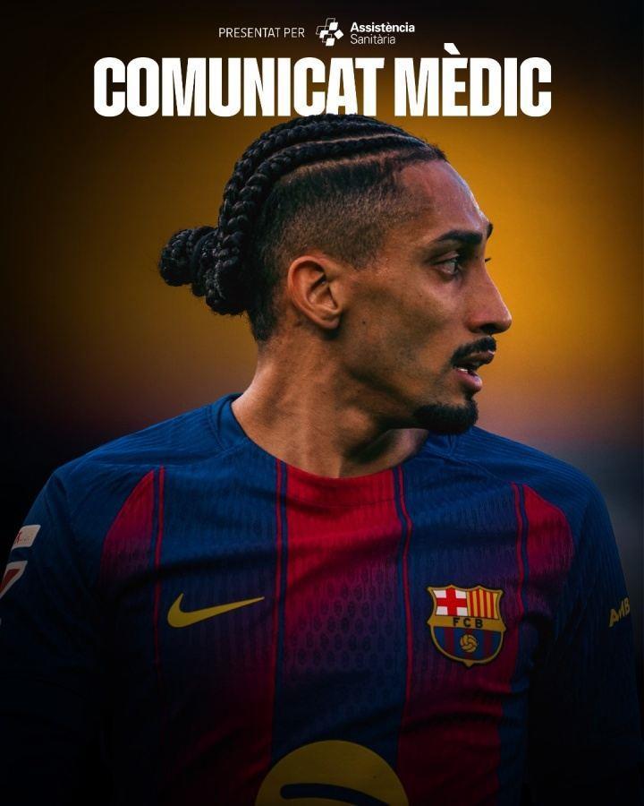 巴萨官方：拉菲尼亚肌肉超负荷，无缘出战国王杯预计伤缺一周