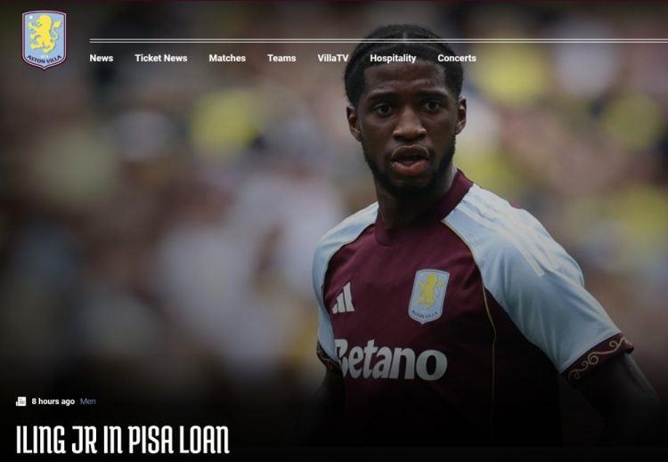 官方：维拉22岁球员伊令被租借到比萨，租借期至本赛季结束