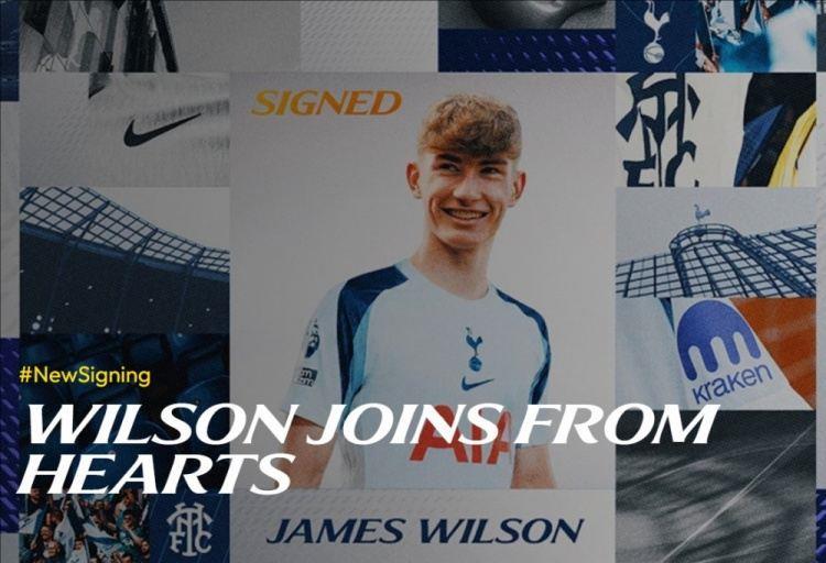 官方：热刺租借引进哈茨18岁前锋詹姆斯·威尔逊，包含买断选项