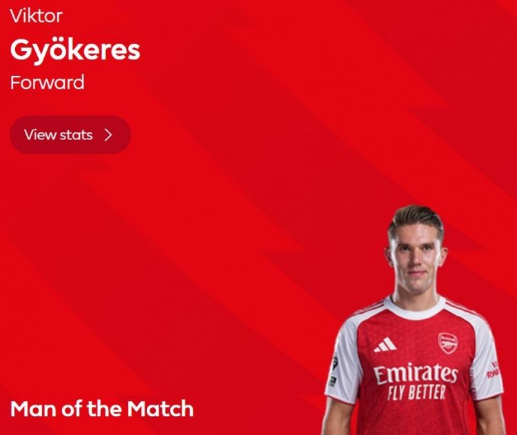 梅开二度！英超官方：约克雷斯当选阿森纳3-0桑德兰全场最佳球员