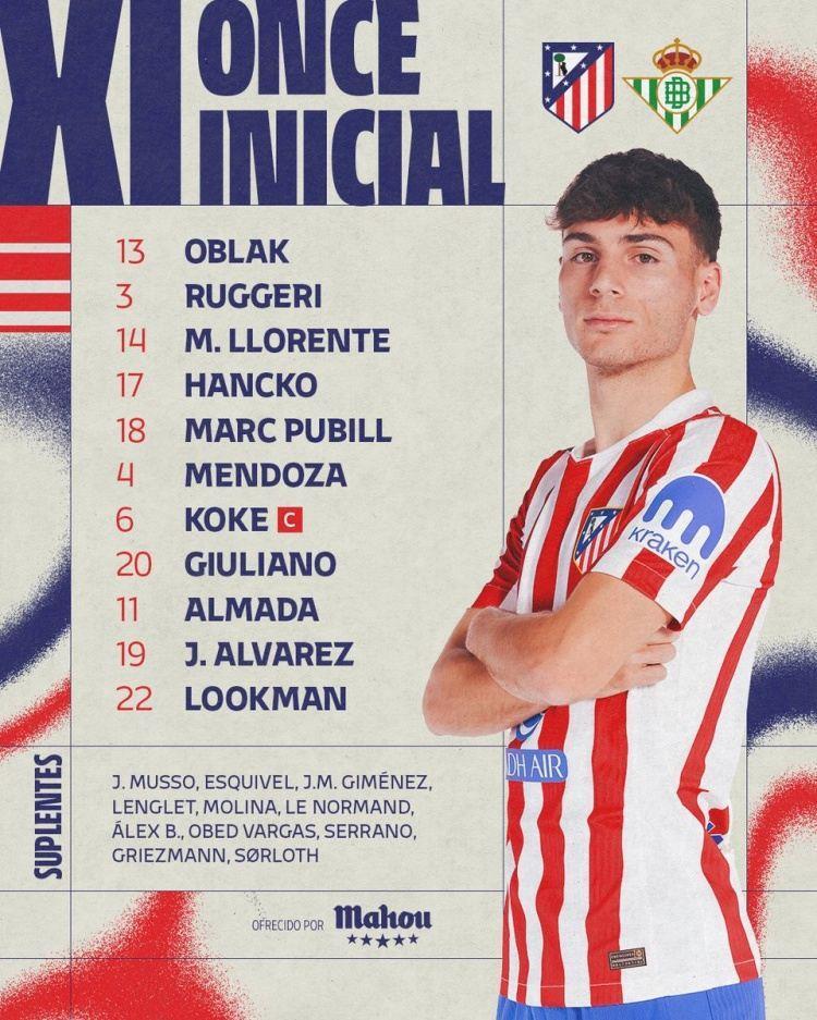 马竞vs贝蒂斯首发：阿尔瓦雷斯先发，新援卢克曼、门多萨出战