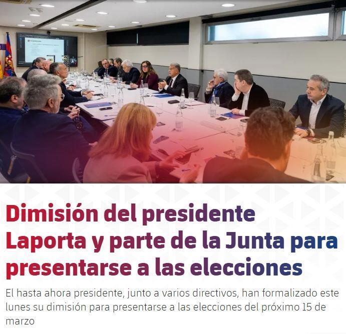 巴萨官方：主席拉波尔塔以及数位董事已正式辞职，以便参加选举