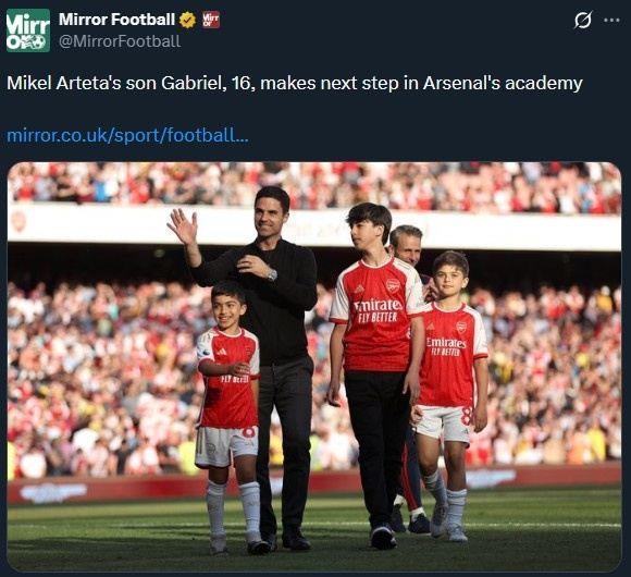 镜报：阿尔特塔长子加布里埃尔被征召参加阿森纳U18比赛