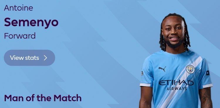 传射建功！英超官方：塞梅尼奥当选曼城3-0富勒姆全场最佳球员