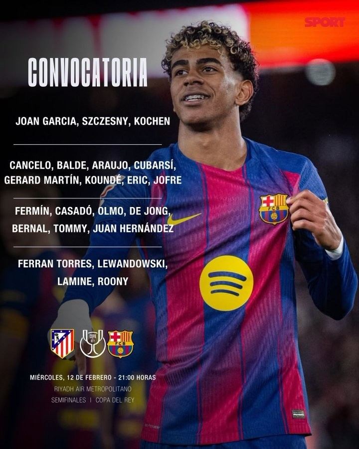 每体透露巴萨国王杯出征名单：亚马尔领衔，拉菲、拉什福德缺席