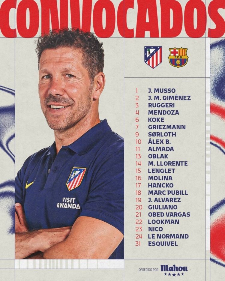 马竞国王杯对巴萨大名单：卢克曼、阿尔瓦雷斯、格列兹曼在列