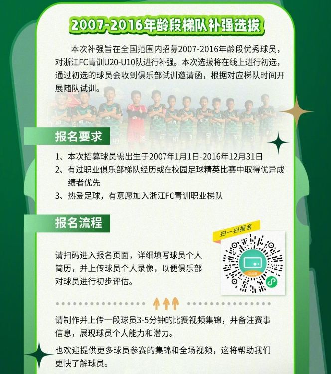浙江FC宣布对2007-2016年龄段梯队进行补强选拔