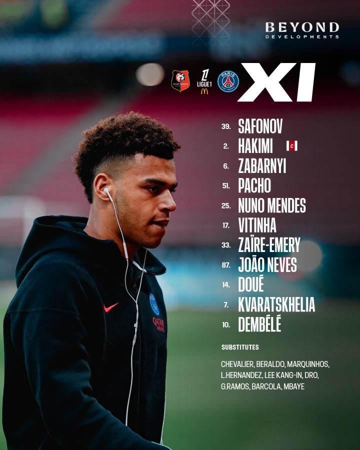 巴黎客战雷恩首发：阿什拉夫、登贝莱、杜埃出战