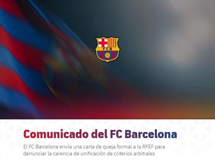 抗议裁判！巴萨官方：已向西足协发出投诉信，谴责裁判判罚双标
