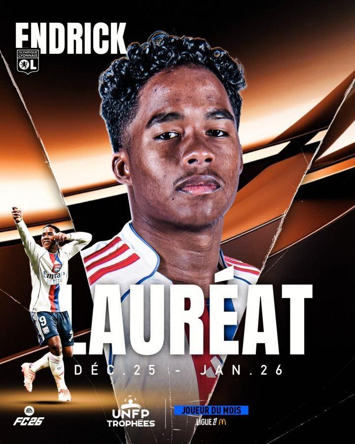 人挪活！19岁恩德里克3轮3球1助，击败格林伍德当选法甲1月最佳